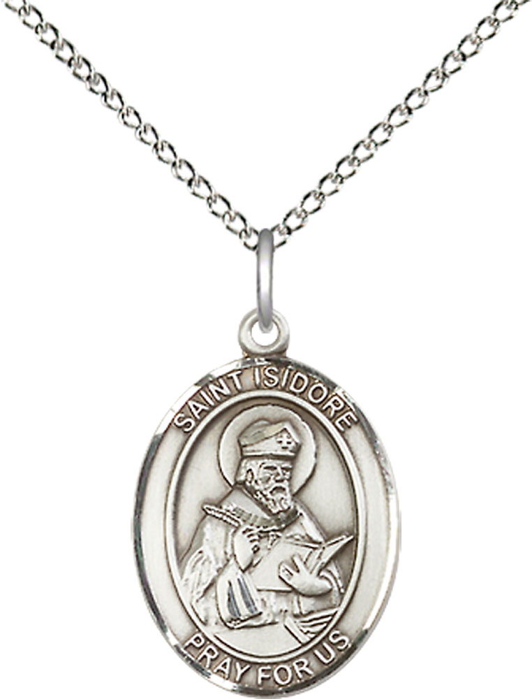 Sterling Silver Saint Isidore of Seville Pendant on a 18 inch Sterling Silver Light Curb chain
