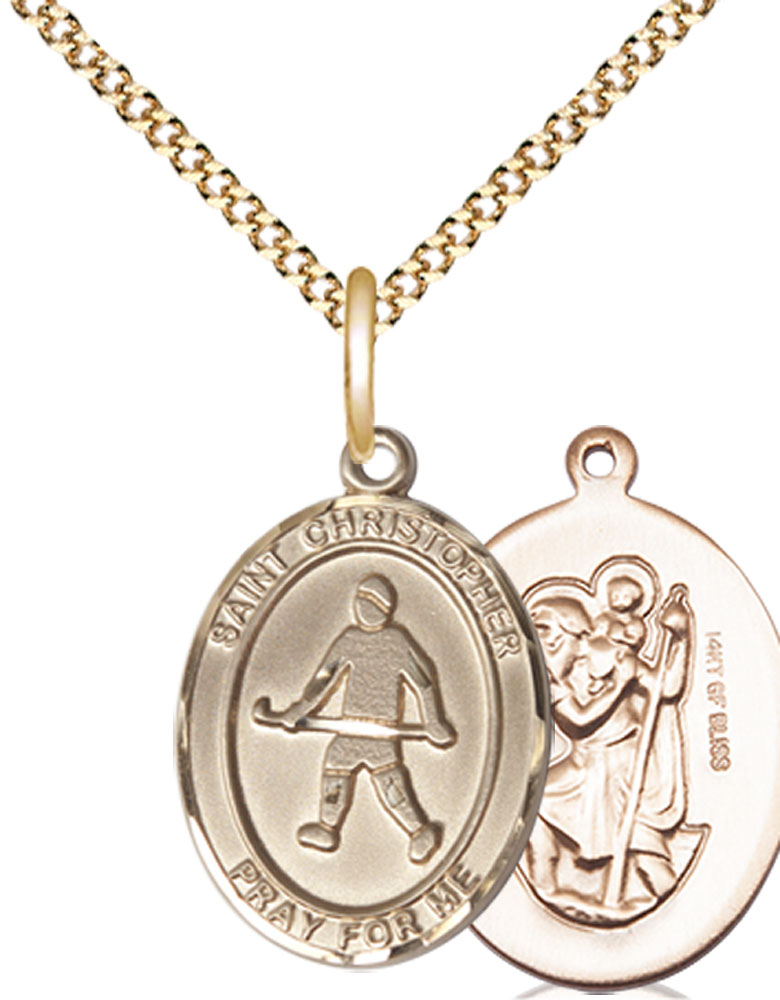 14kt Gold Filled Saint Christopher Field Hockey Pendant on a 18 inch Gold Plate Light Curb chain