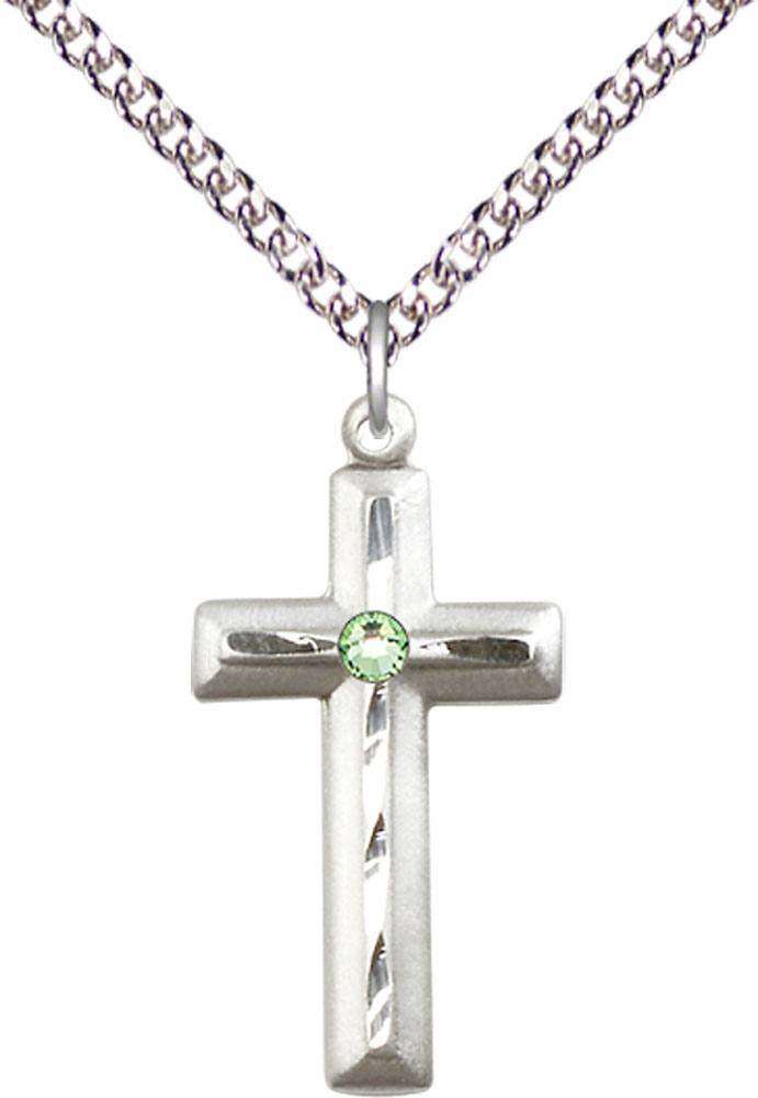 Sterling Silver Cross Pendant with a 3mm Peridot Swarovski stone on a 24 inch Sterling Silver Heavy Curb chain