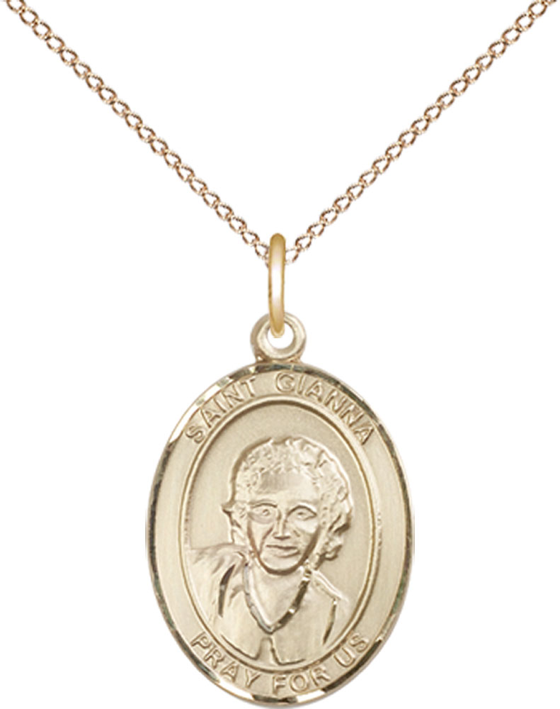 14kt Gold Filled Saint Gianna Pendant on a 18 inch Gold Filled Light Curb chain