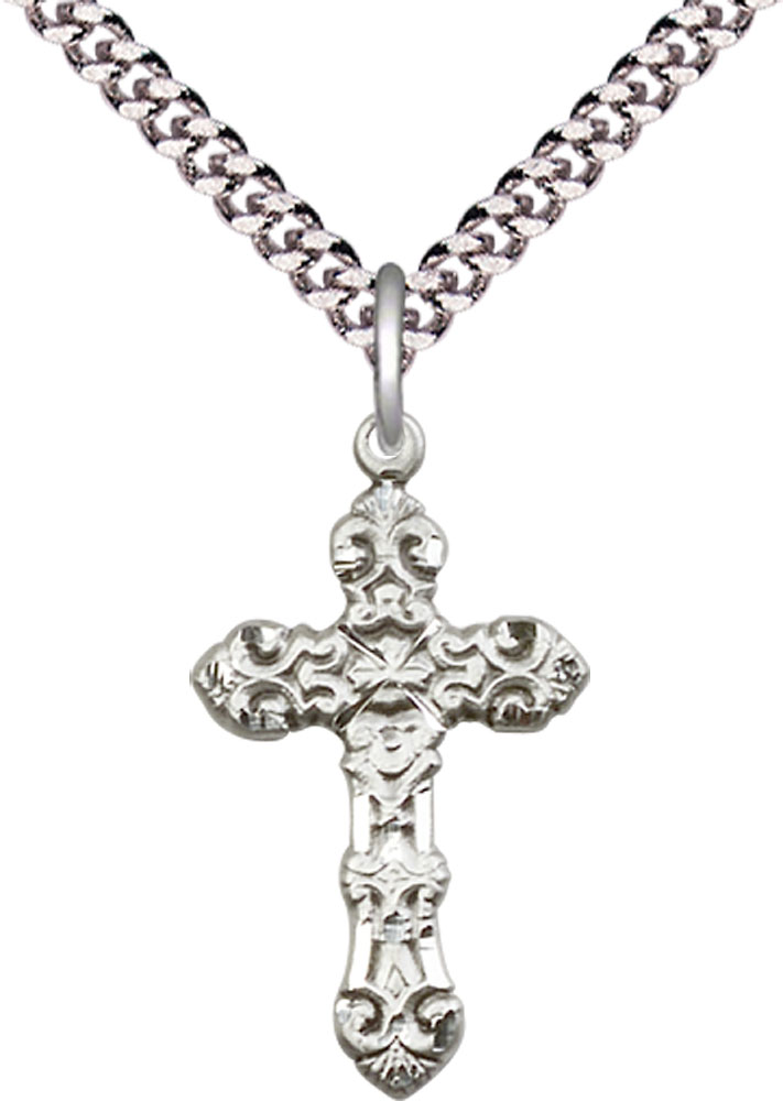 Sterling Silver Cross Pendant on a 24 inch Light Rhodium Heavy Curb chain