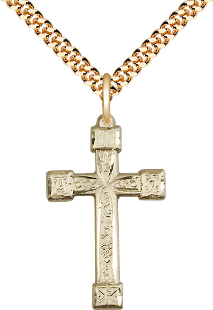 14kt Gold Filled Cross Pendant on a 24 inch Gold Plate Heavy Curb chain