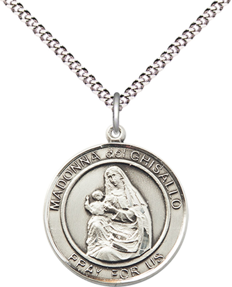 Sterling Silver Madonna del Ghisallo Pendant on a 18 inch Light Rhodium Light Curb chain