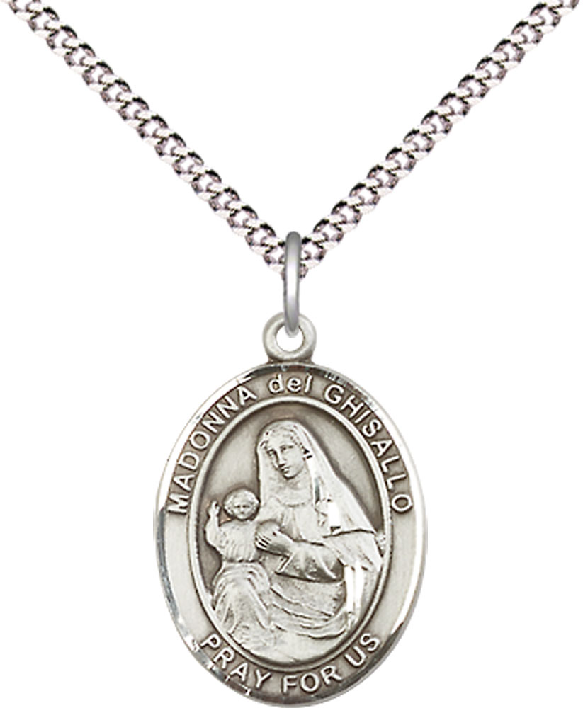 Sterling Silver Saint Madonna Del Ghisallo Pendant on a 18 inch Light Rhodium Light Curb chain