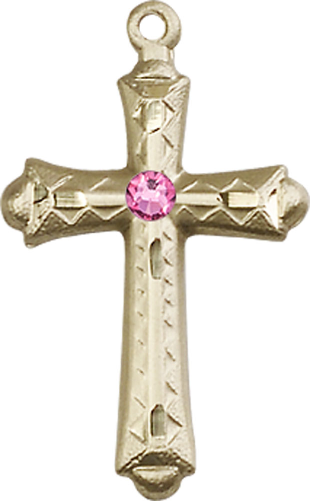 14kt Gold Filled Cross Medal with a 3mm Rose Swarovski stone
