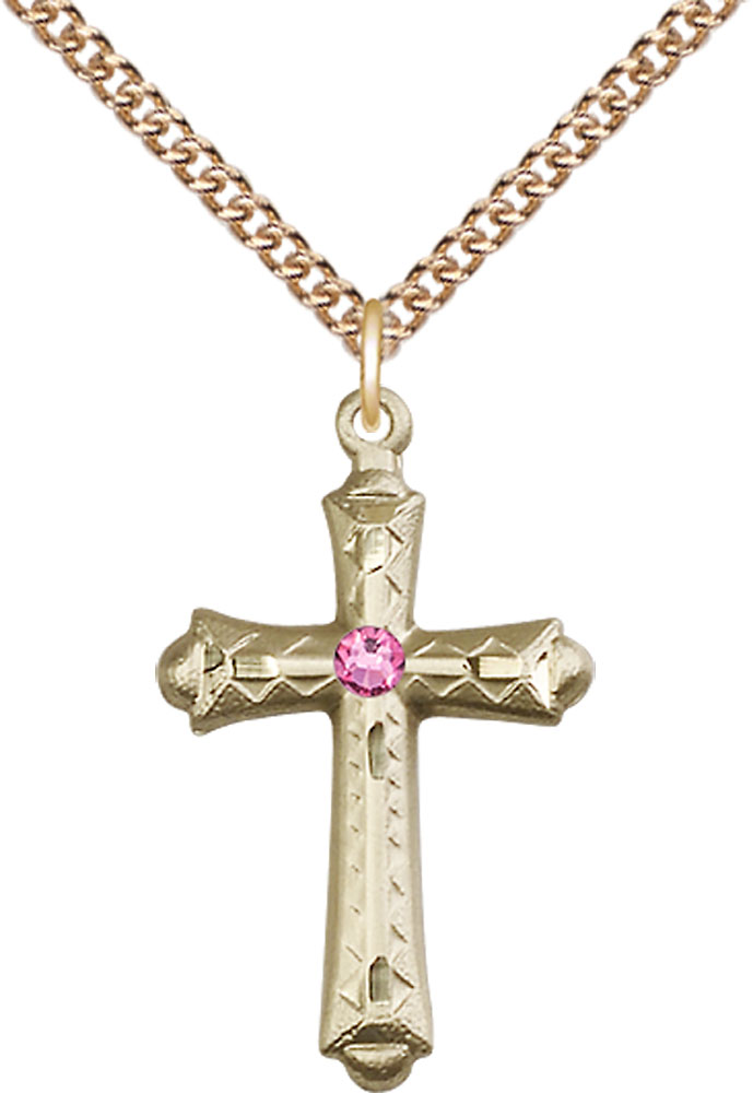14kt Gold Filled Cross Pendant with a 3mm Rose Swarovski stone on a 24 inch Gold Filled Heavy Curb chain