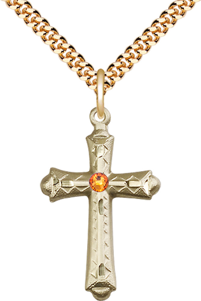 14kt Gold Filled Cross Pendant with a 3mm Topaz Swarovski stone on a 24 inch Gold Plate Heavy Curb chain
