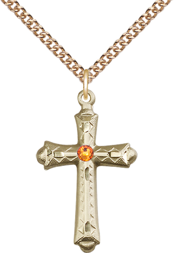 14kt Gold Filled Cross Pendant with a 3mm Topaz Swarovski stone on a 24 inch Gold Filled Heavy Curb chain