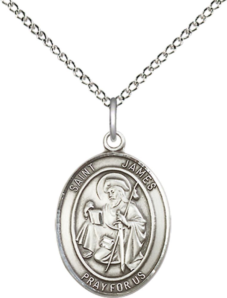 Sterling Silver Saint James the Greater Pendant on a 18 inch Sterling Silver Light Curb chain