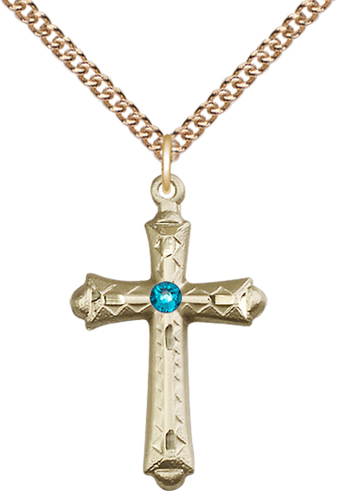 14kt Gold Filled Cross Pendant with a 3mm Zircon Swarovski stone on a 24 inch Gold Filled Heavy Curb chain