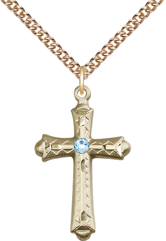 14kt Gold Filled Cross Pendant with a 3mm Aqua Swarovski stone on a 24 inch Gold Filled Heavy Curb chain
