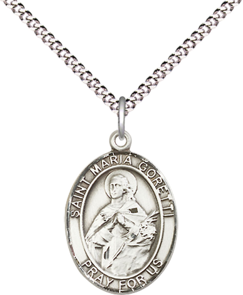Sterling Silver Saint Maria Goretti Pendant on a 18 inch Light Rhodium Light Curb chain