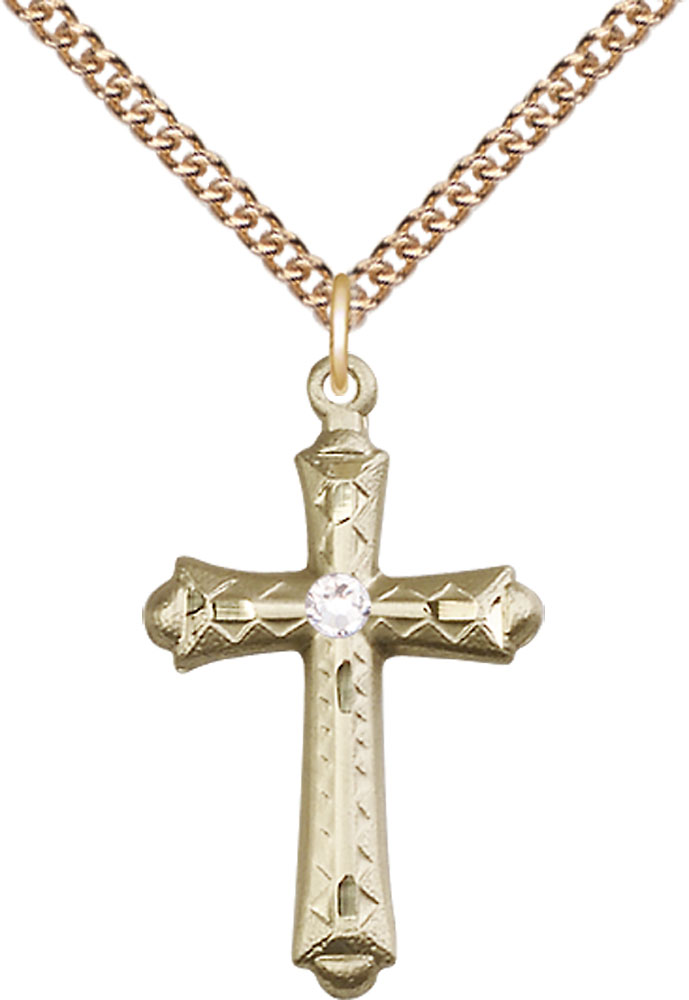 14kt Gold Filled Cross Pendant with a 3mm Crystal Swarovski stone on a 24 inch Gold Filled Heavy Curb chain