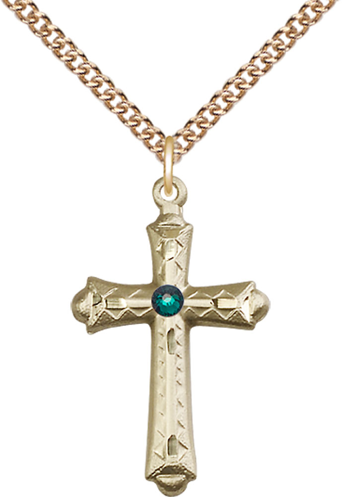 14kt Gold Filled Cross Pendant with a 3mm Emerald Swarovski stone on a 24 inch Gold Filled Heavy Curb chain