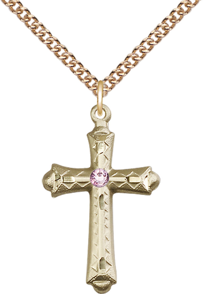 14kt Gold Filled Cross Pendant with a 3mm Light Amethyst Swarovski stone on a 24 inch Gold Filled Heavy Curb chain