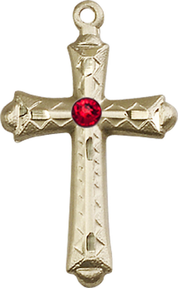 14kt Gold Filled Cross Medal with a 3mm Ruby Swarovski stone