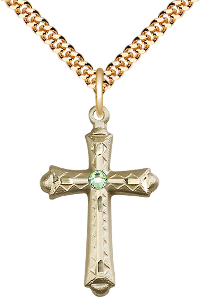 14kt Gold Filled Cross Pendant with a 3mm Peridot Swarovski stone on a 24 inch Gold Plate Heavy Curb chain
