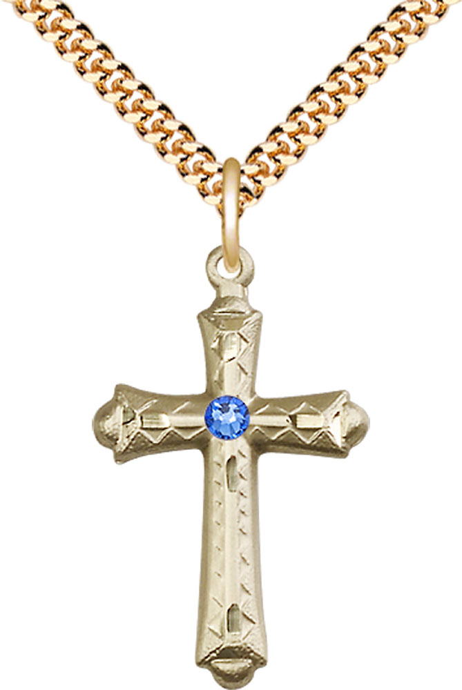 14kt Gold Filled Cross Pendant with a 3mm Sapphire Swarovski stone on a 24 inch Gold Plate Heavy Curb chain