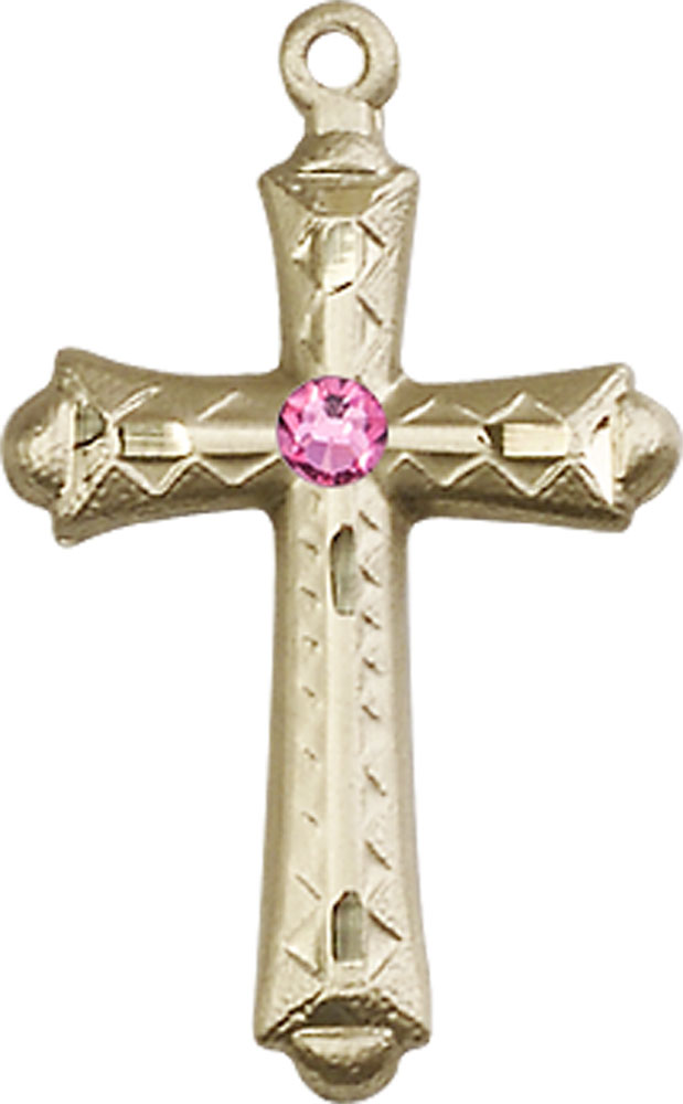14kt Gold Cross Medal with a 3mm Rose Swarovski stone