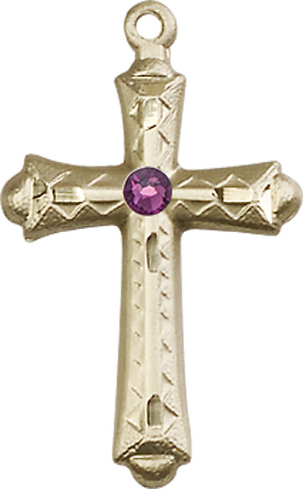 14kt Gold Cross Medal with a 3mm Amethyst Swarovski stone