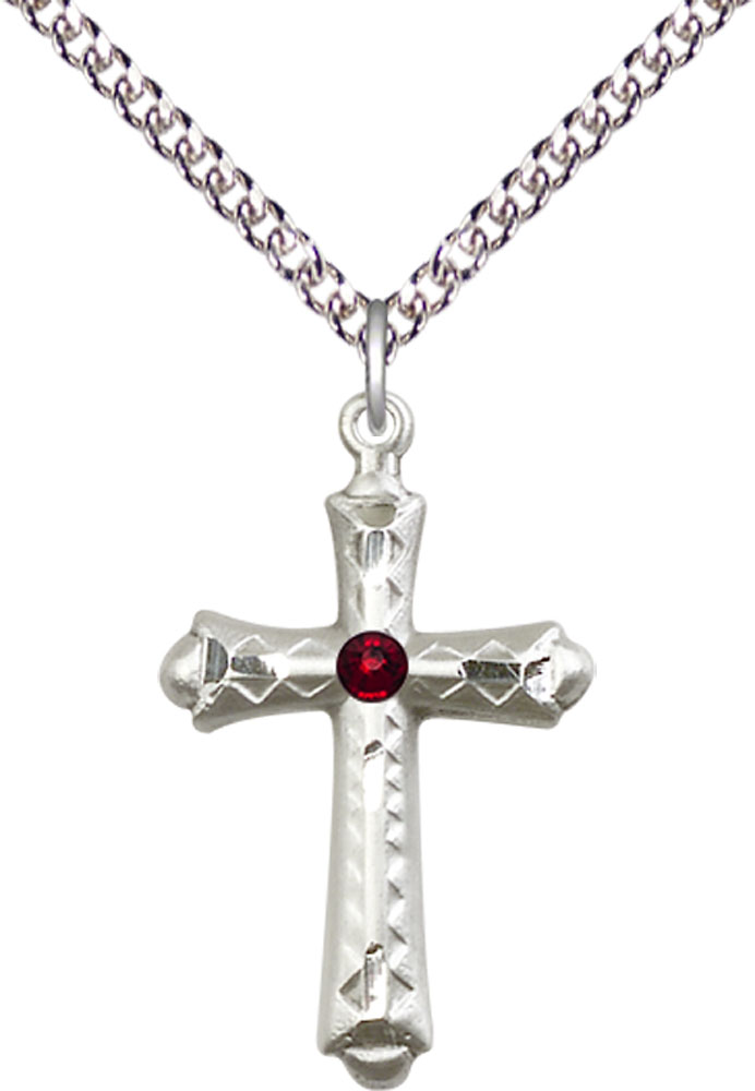 Sterling Silver Cross Pendant with a 3mm Garnet Swarovski stone on a 24 inch Sterling Silver Heavy Curb chain