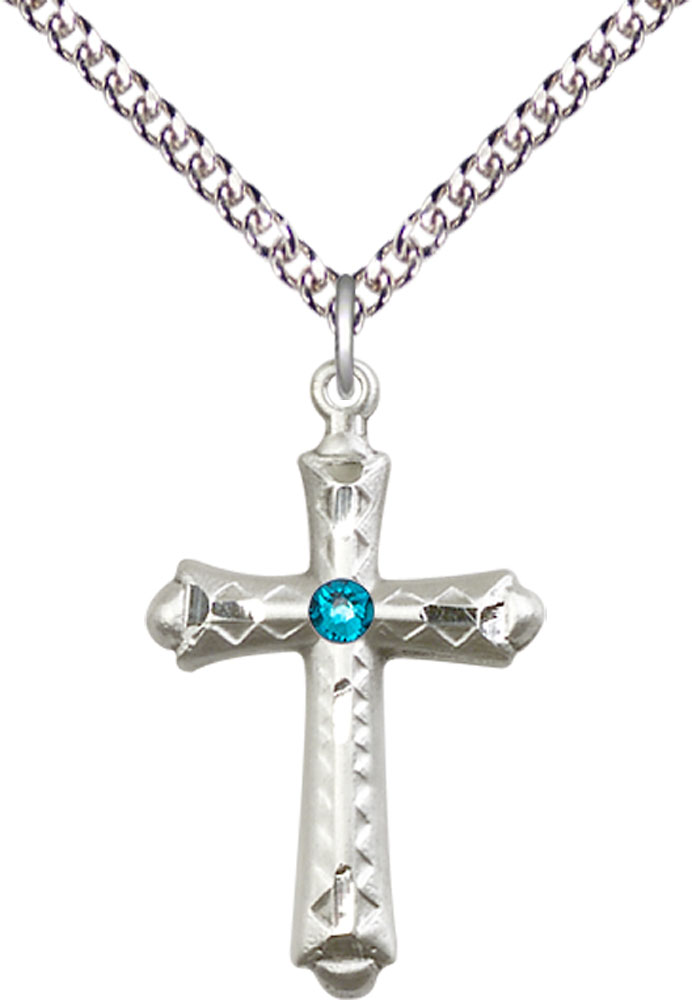 Sterling Silver Cross Pendant with a 3mm Zircon Swarovski stone on a 24 inch Sterling Silver Heavy Curb chain