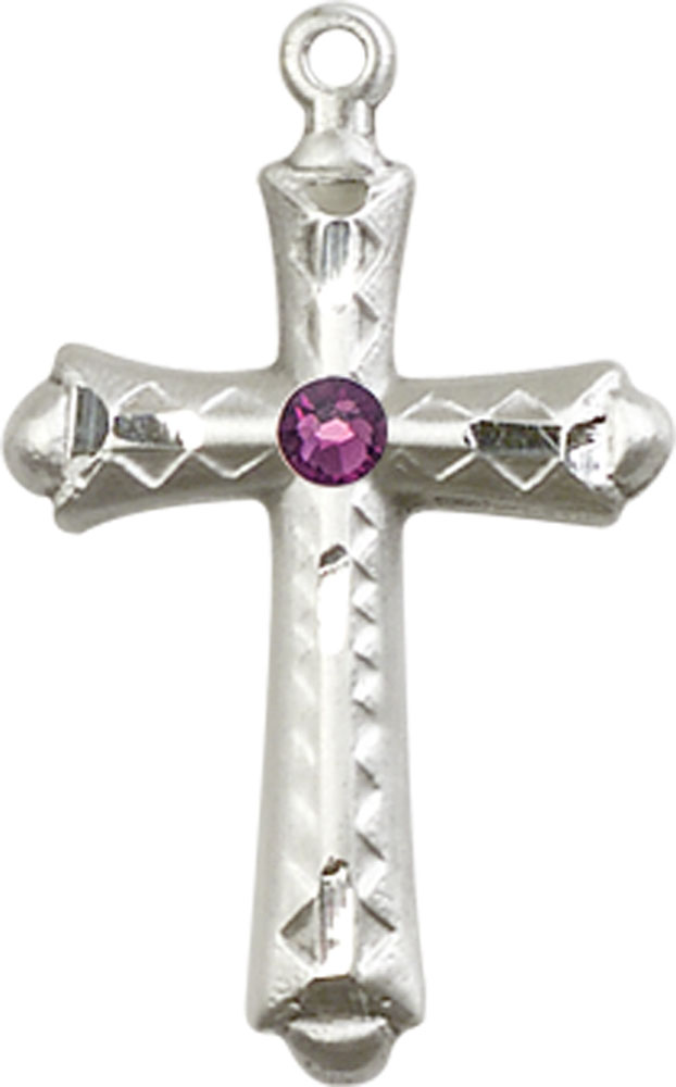 Sterling Silver Cross Medal with a 3mm Amethyst Swarovski stone
