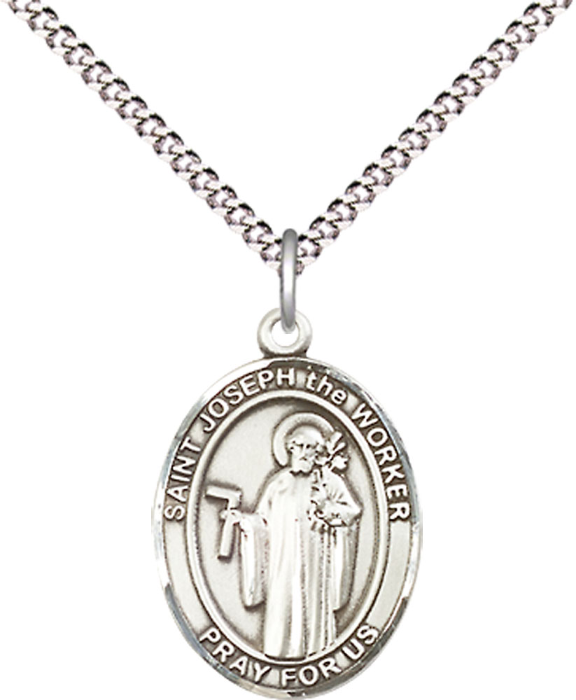 Sterling Silver Saint Joseph the Worker Pendant on a 18 inch Light Rhodium Light Curb chain