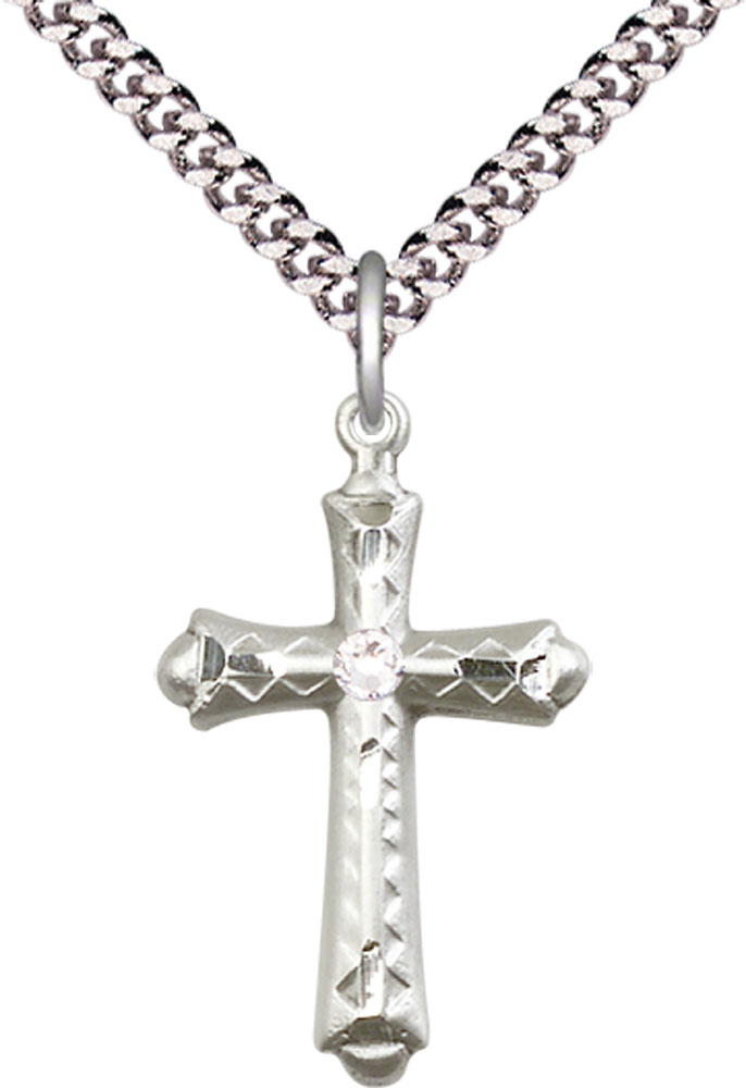 Sterling Silver Cross Pendant with a 3mm Crystal Swarovski stone on a 24 inch Light Rhodium Heavy Curb chain