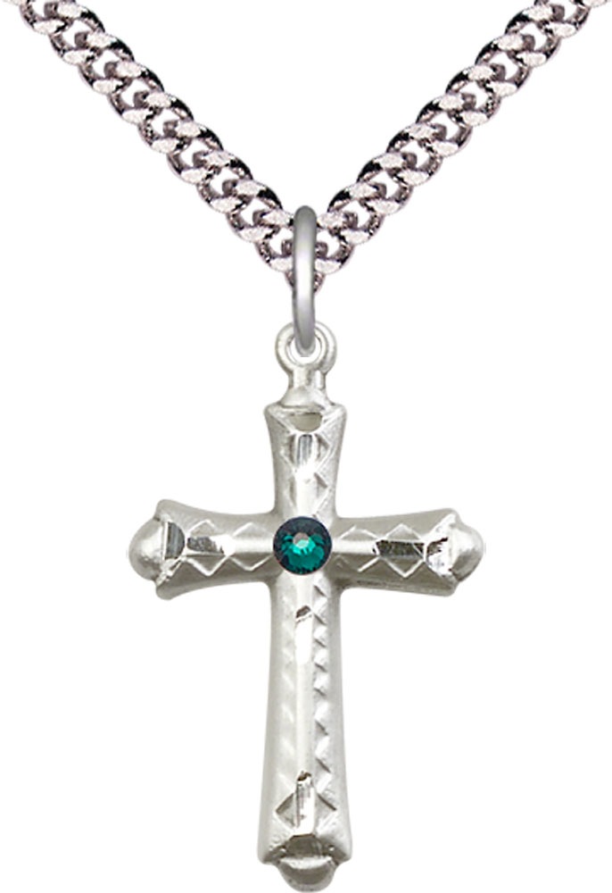 Sterling Silver Cross Pendant with a 3mm Emerald Swarovski stone on a 24 inch Light Rhodium Heavy Curb chain