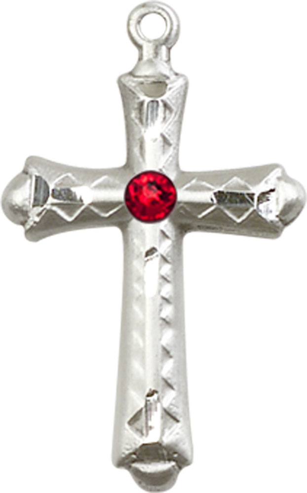 Sterling Silver Cross Medal with a 3mm Ruby Swarovski stone