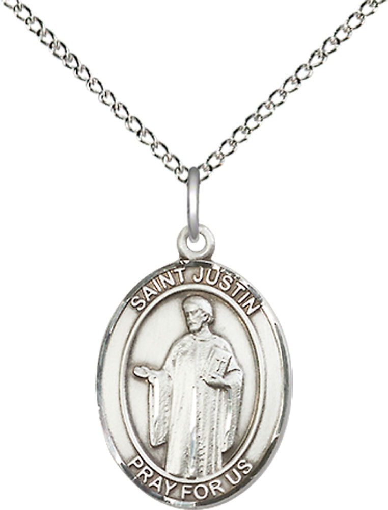 Sterling Silver Saint Justin Pendant on a 18 inch Sterling Silver Light Curb chain