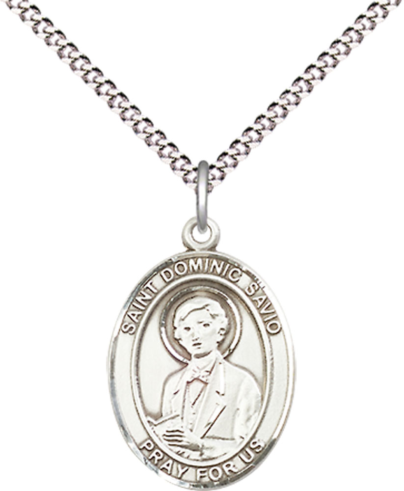 Sterling Silver Saint Dominic Savio Pendant on a 18 inch Light Rhodium Light Curb chain