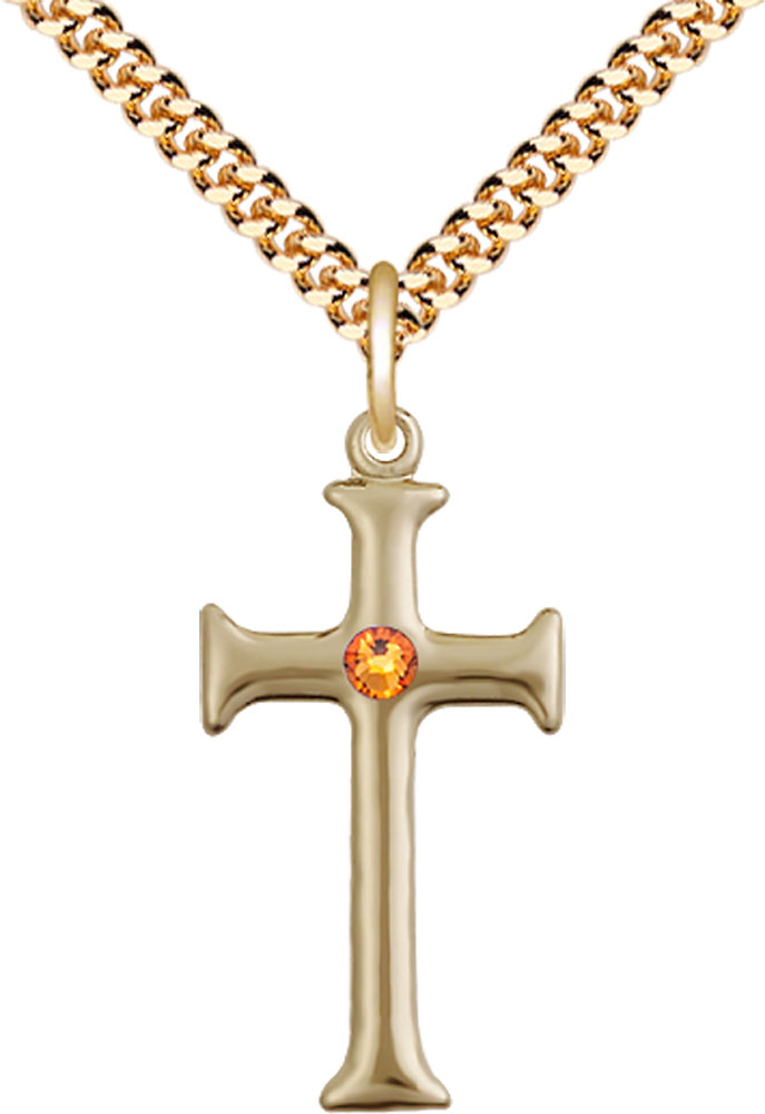 14kt Gold Filled Cross Pendant with a 3mm Topaz Swarovski stone on a 24 inch Gold Plate Heavy Curb chain