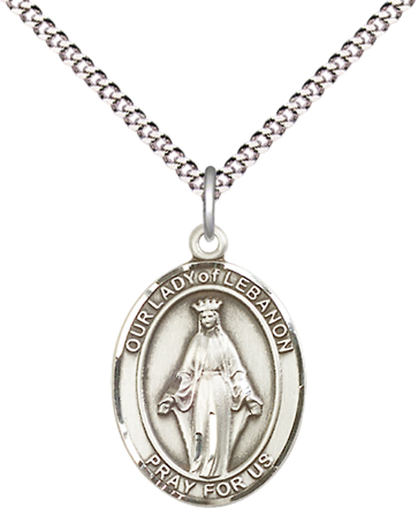 Sterling Silver Our Lady of Lebanon Pendant on a 18 inch Light Rhodium Light Curb chain