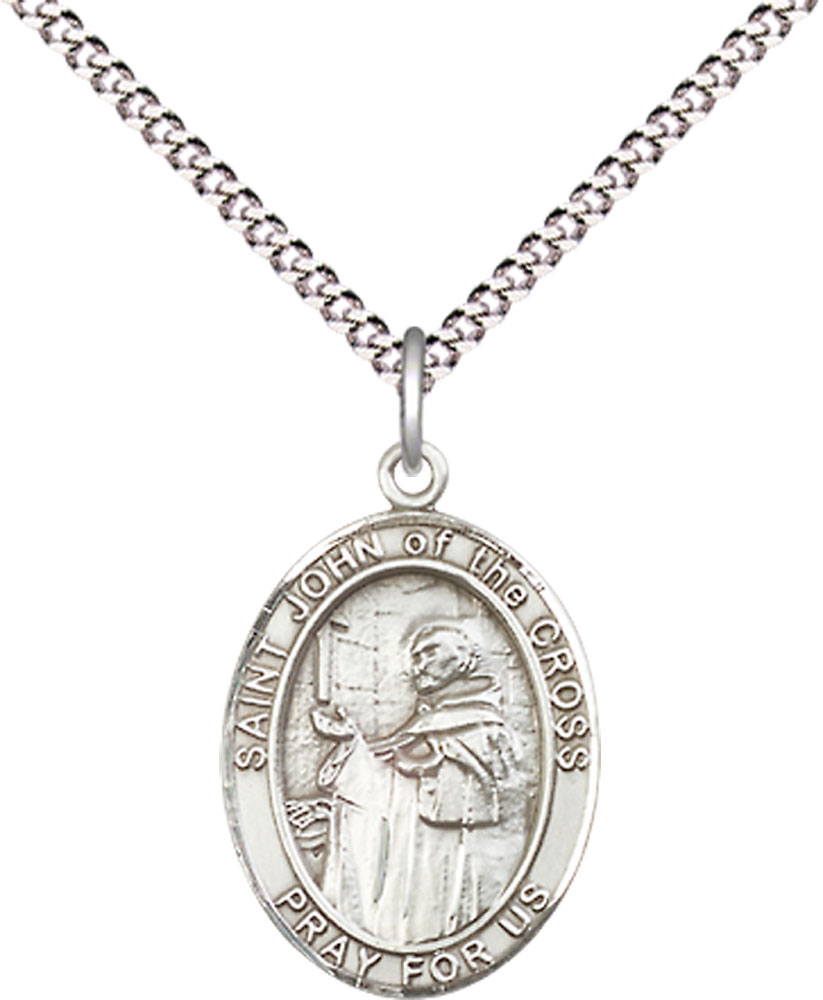 Sterling Silver Saint John of the Cross Pendant on a 18 inch Light Rhodium Light Curb chain