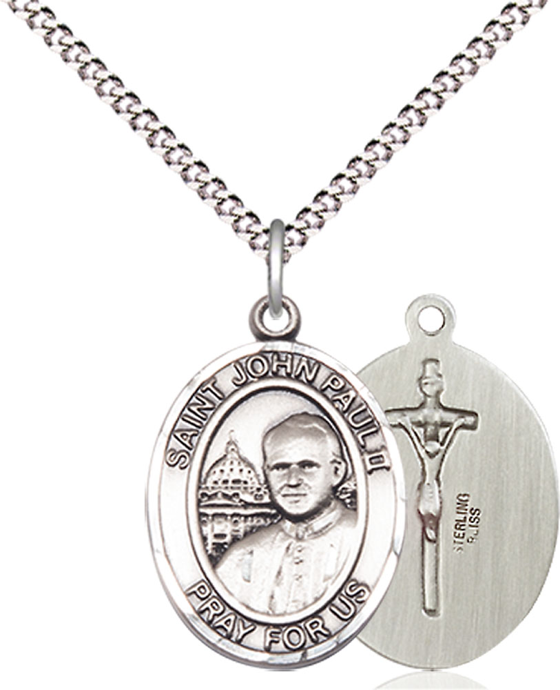 Sterling Silver Saint John Paul II Pendant on a 18 inch Light Rhodium Light Curb chain