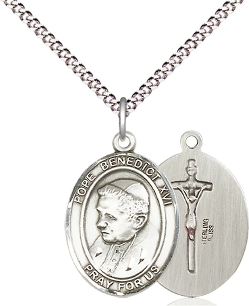 Sterling Silver Pope Benedict XVI Pendant on a 18 inch Light Rhodium Light Curb chain