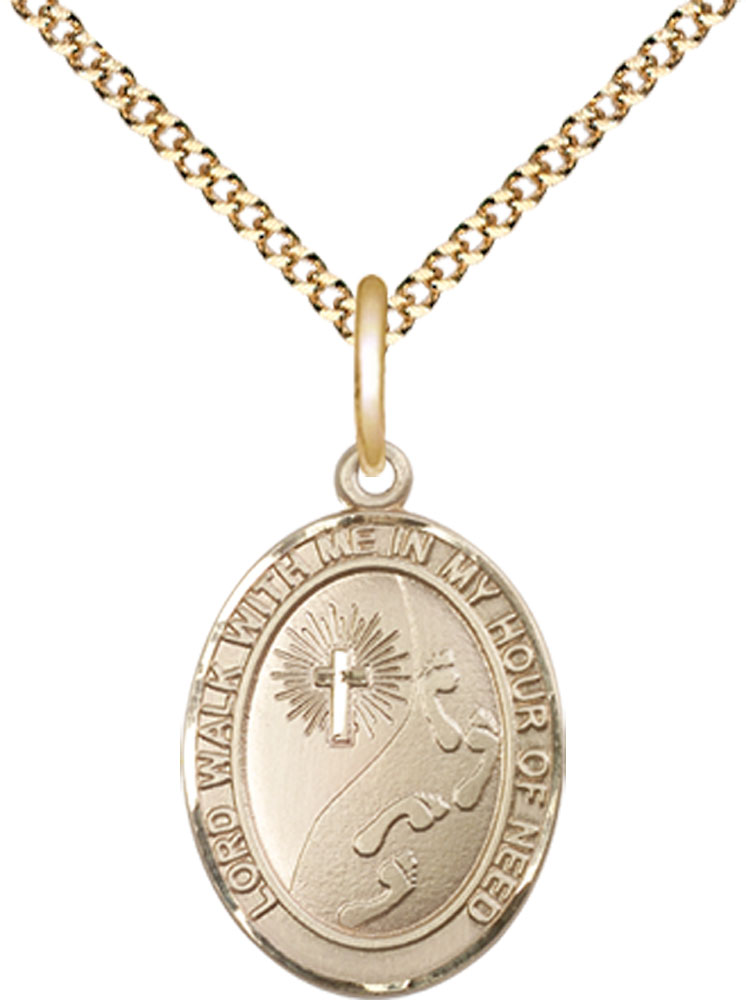 14kt Gold Filled Footprints Cross Pendant on a 18 inch Gold Plate Light Curb chain