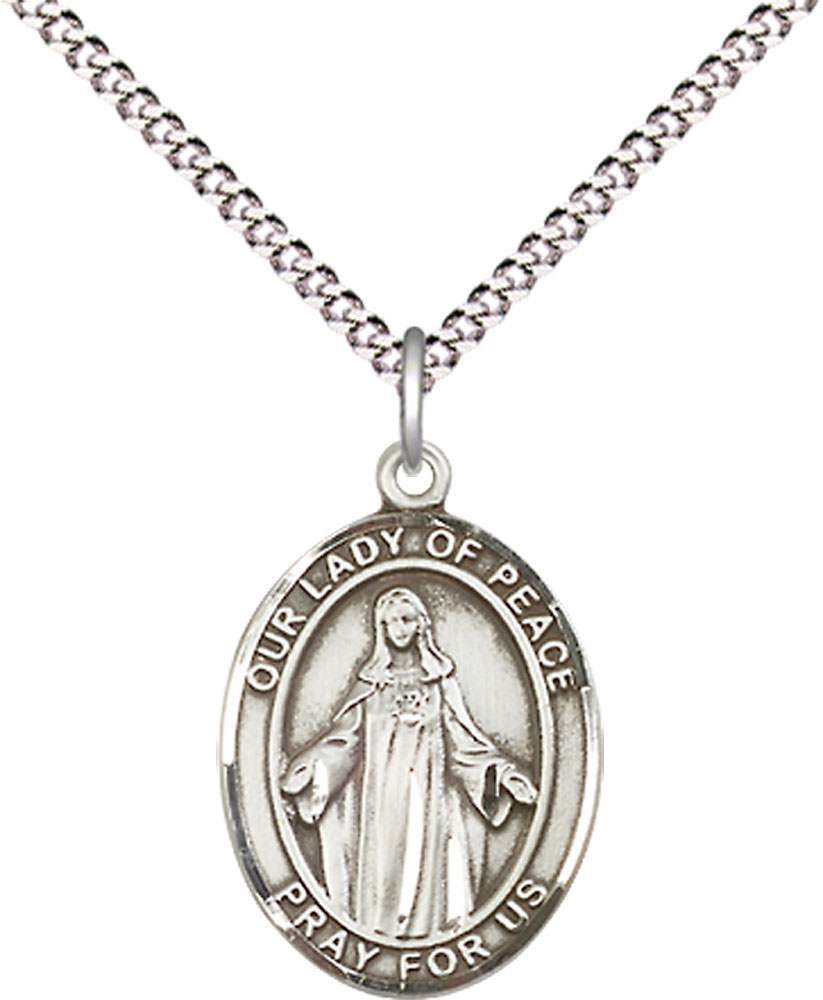 Sterling Silver Our Lady of Peace Pendant on a 18 inch Light Rhodium Light Curb chain