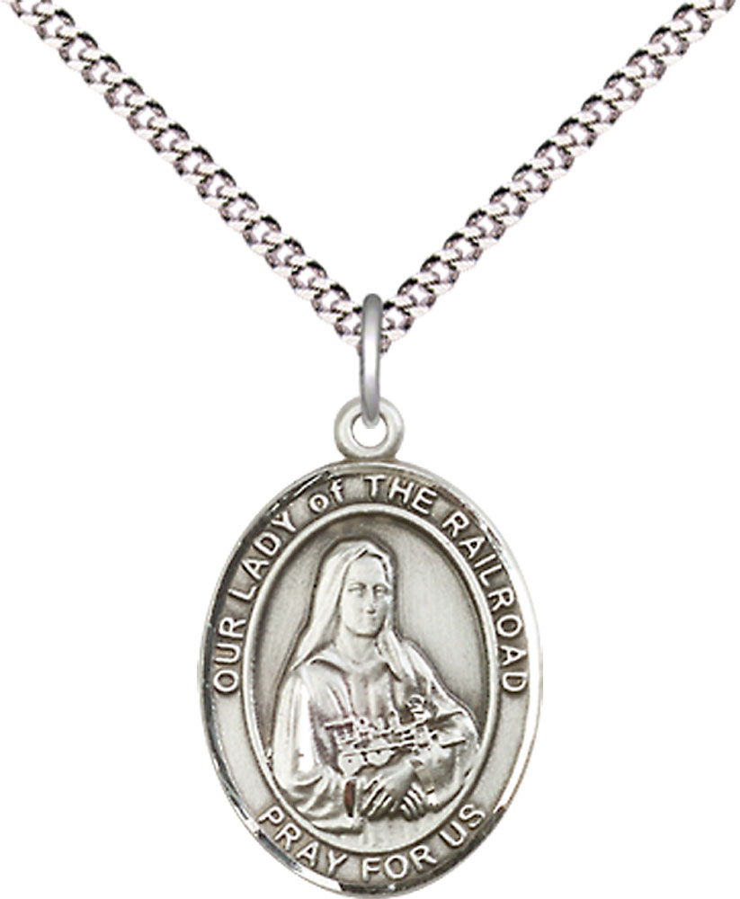 Sterling Silver Our Lady of the Railroad Pendant on a 18 inch Light Rhodium Light Curb chain