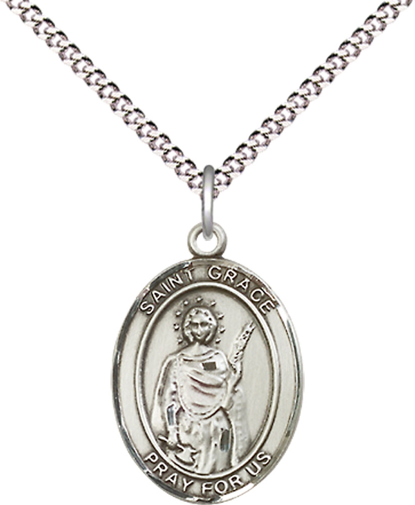 Sterling Silver Saint Grace Pendant on a 18 inch Light Rhodium Light Curb chain