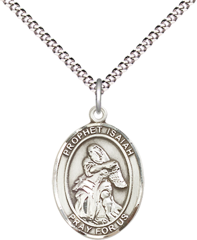 Sterling Silver Saint Isaiah Pendant on a 18 inch Light Rhodium Light Curb chain