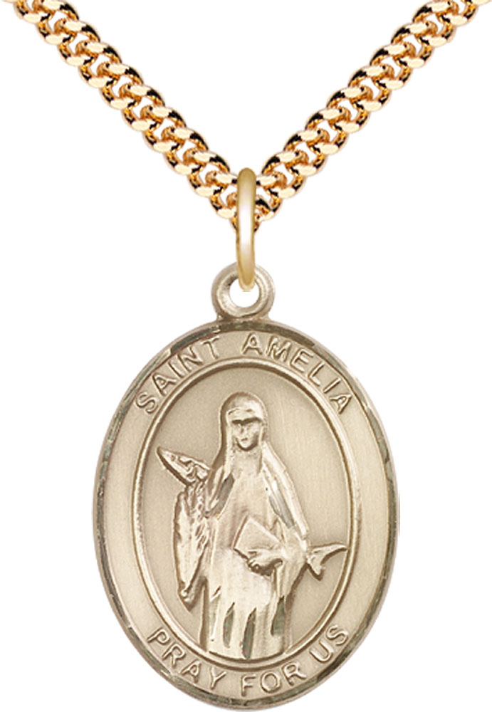 14kt Gold Filled Saint Amelia Pendant on a 24 inch Gold Plate Heavy Curb chain