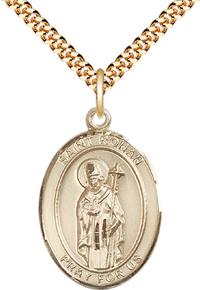 14kt Gold Filled Saint Ronan Pendant on a 24 inch Gold Plate Heavy Curb chain