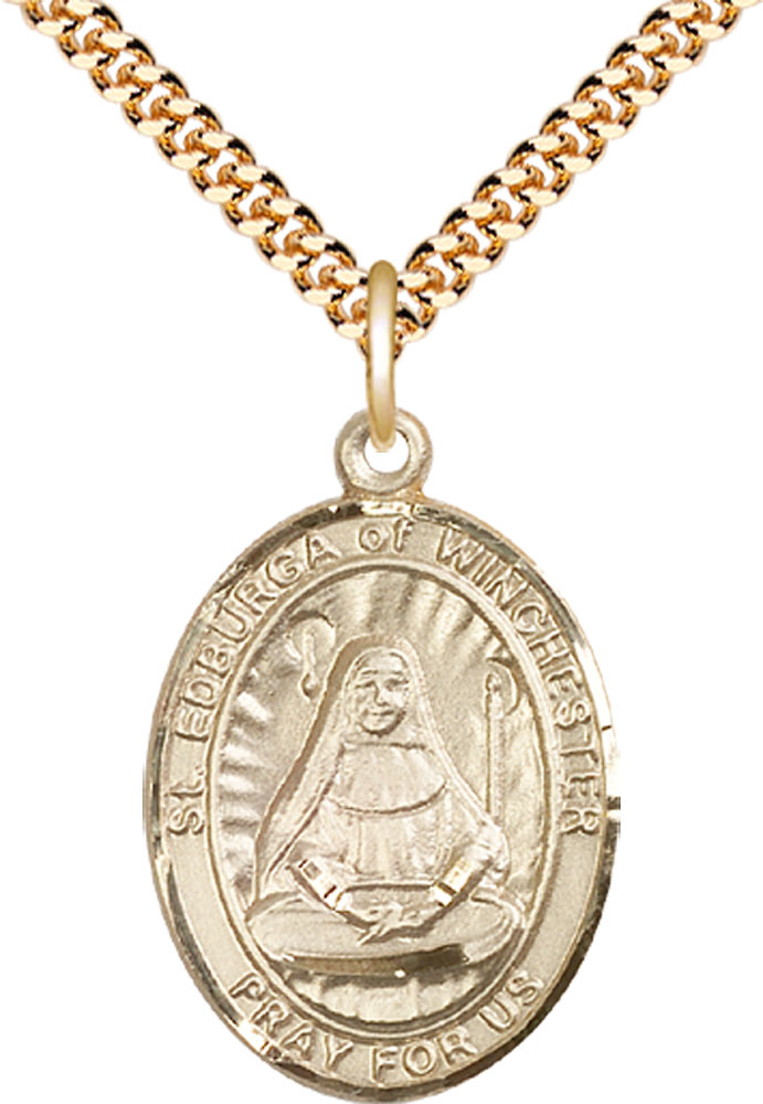 14kt Gold Filled Saint Edburga of Winchester Pendant on a 24 inch Gold Plate Heavy Curb chain