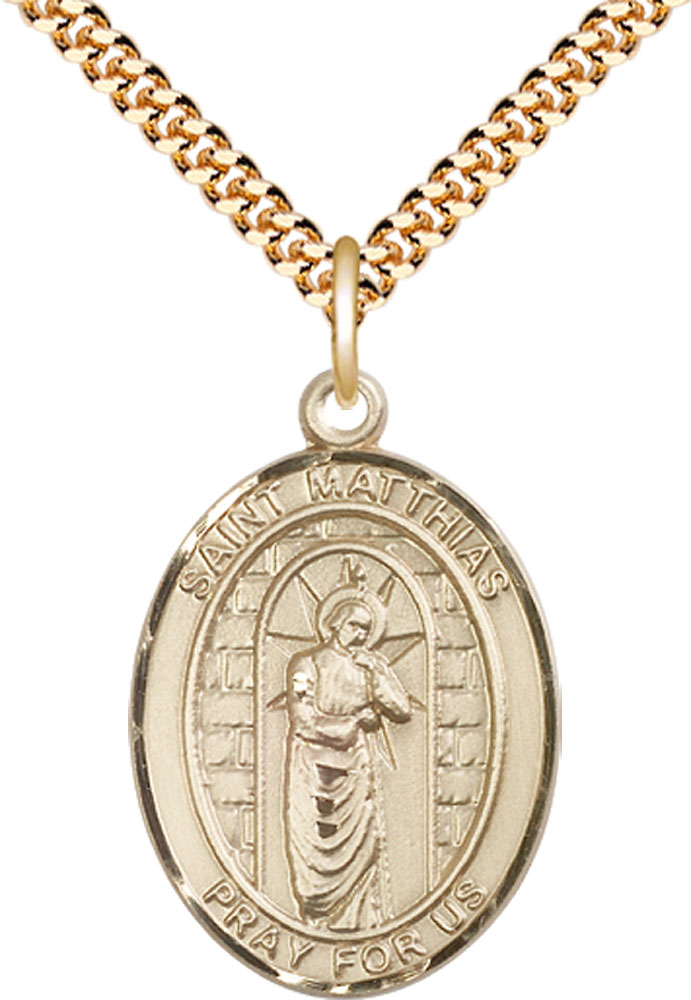 14kt Gold Filled Saint Matthias the Apostle Pendant on a 24 inch Gold Plate Heavy Curb chain