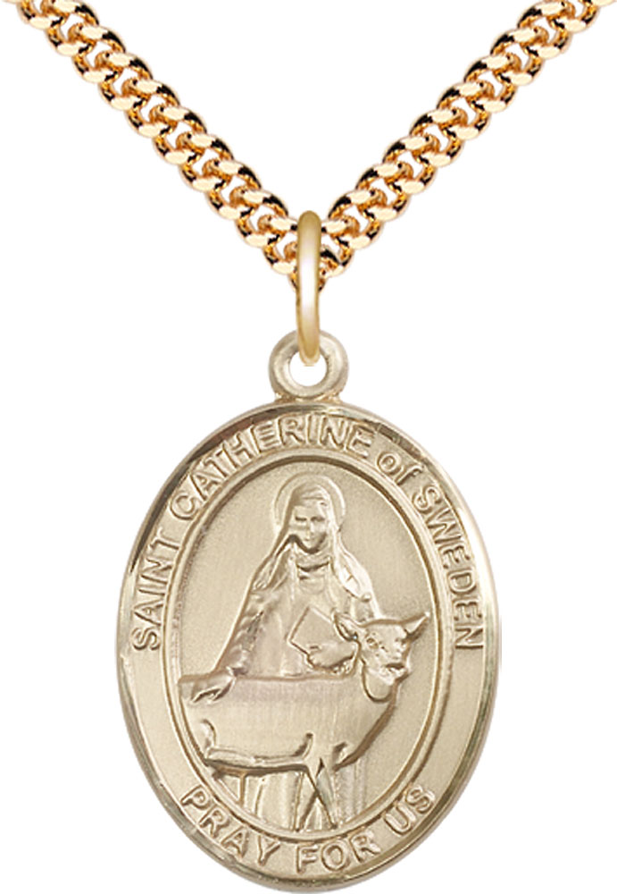 14kt Gold Filled Saint Catherine of Sweden Pendant on a 24 inch Gold Plate Heavy Curb chain