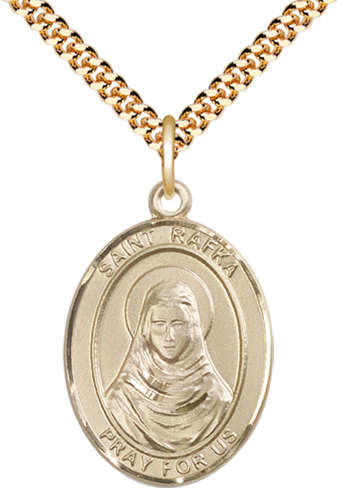 14kt Gold Filled Saint Rafka Pendant on a 24 inch Gold Plate Heavy Curb chain