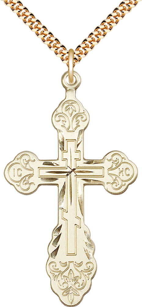 14kt Gold Filled Vladimir Cross Pendant on a 24 inch Gold Plate Heavy Curb chain